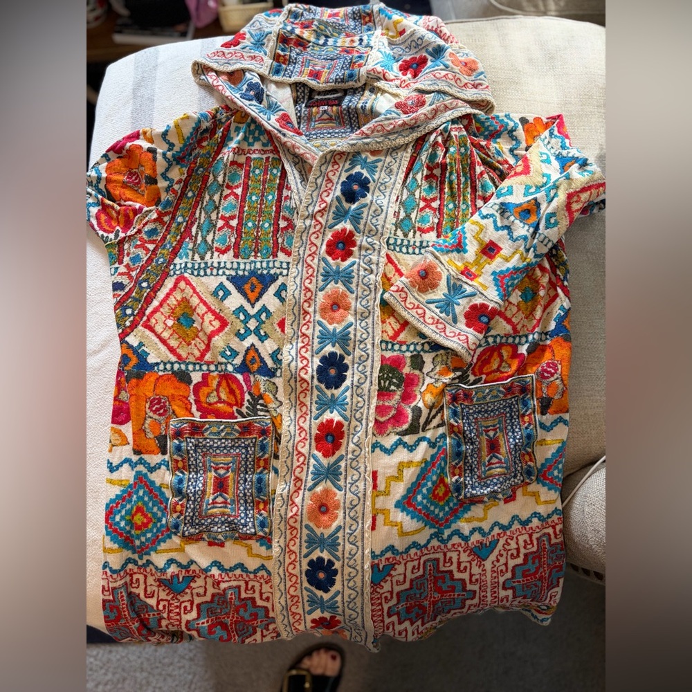 Johnny Was Biya Hooded Cardigan Sweater Wrap with colorful embroidery & Pockets
